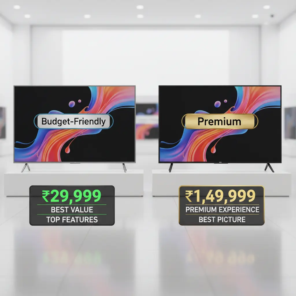 Budget vs premium smart TV price comparison with Indian rupee value tags