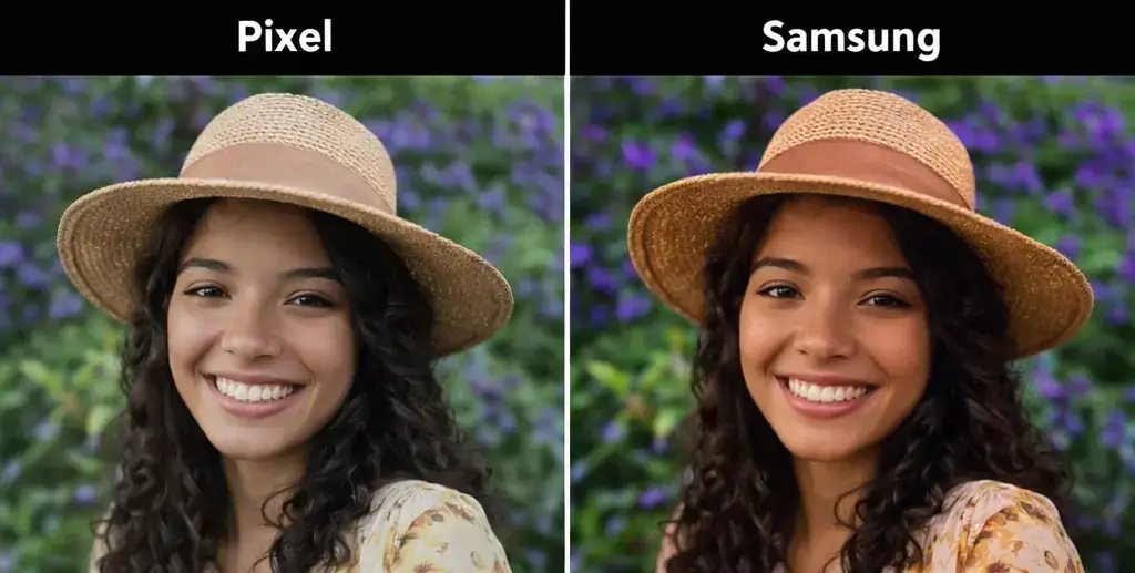 Horizontal camera comparison showing Google Pixel and Samsung Galaxy portrait photos, highlighting natural skin tones versus more saturated colors.”