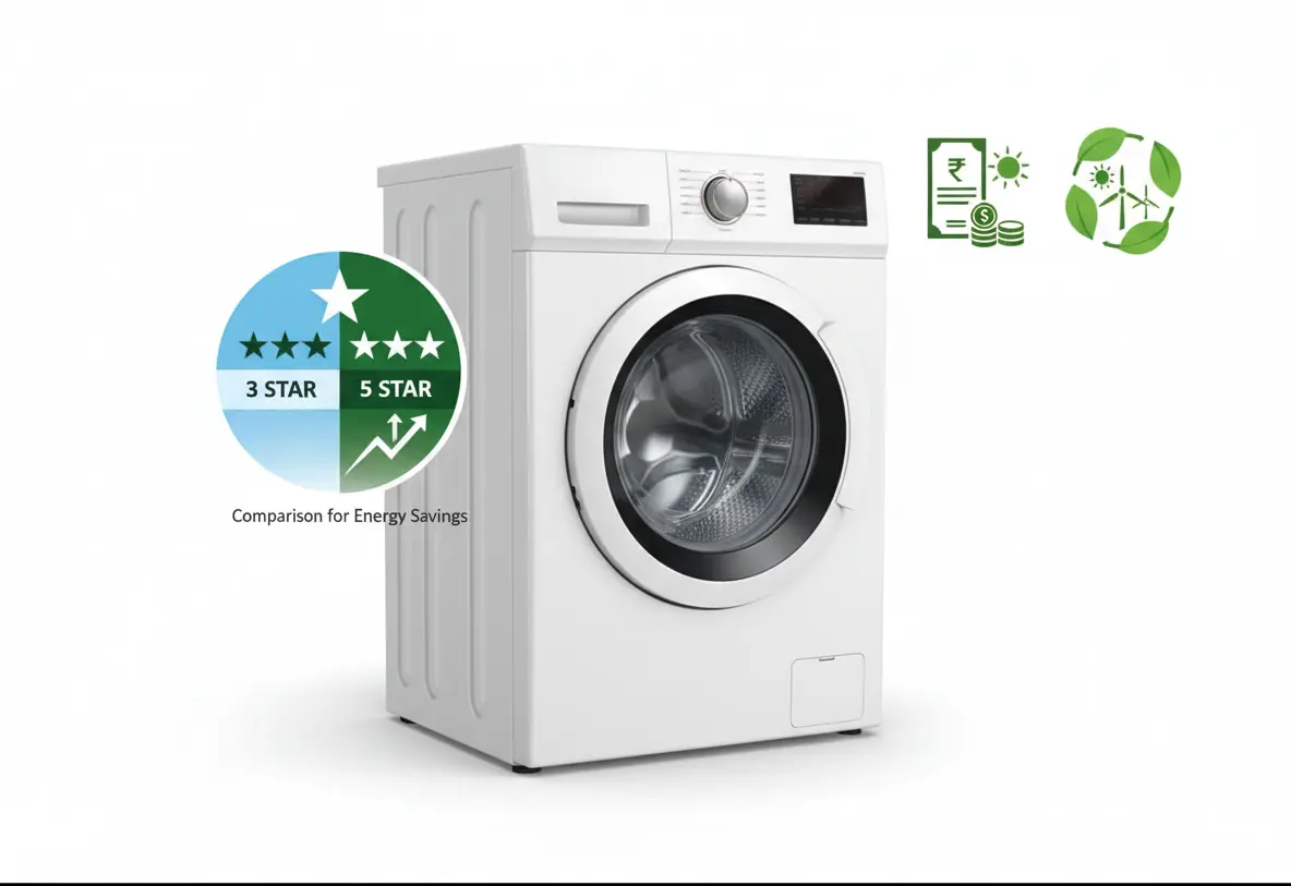 Home appliance showing BEE star rating label highlighting energy efficiency and electricity savings in India