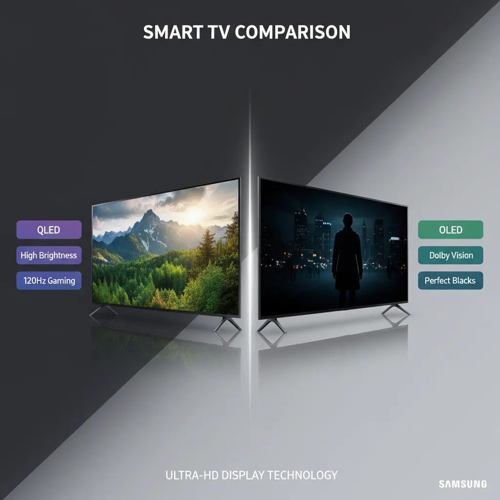Samsung vs LG Smart TV feature comparison showing QLED vs OLED technology