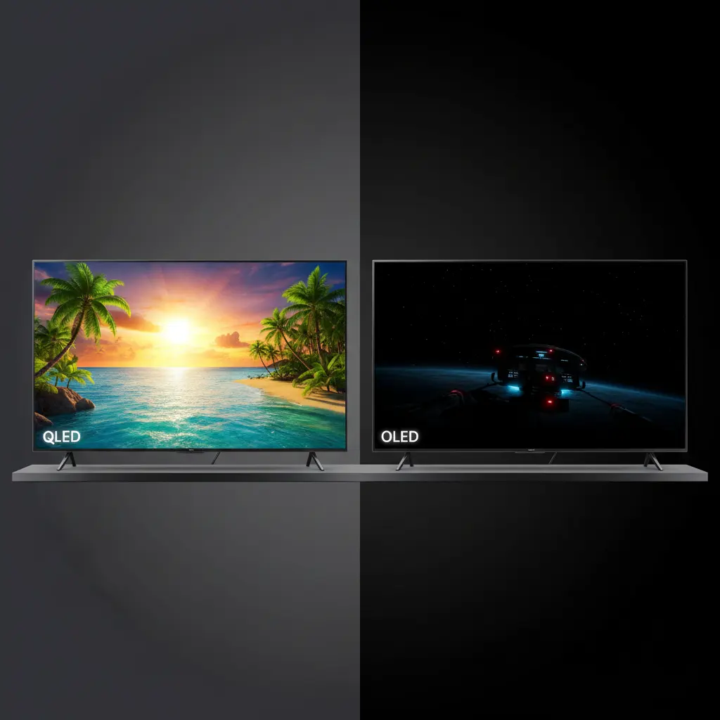 Smart TV display comparison showing bright QLED colors versus deep OLED blacks