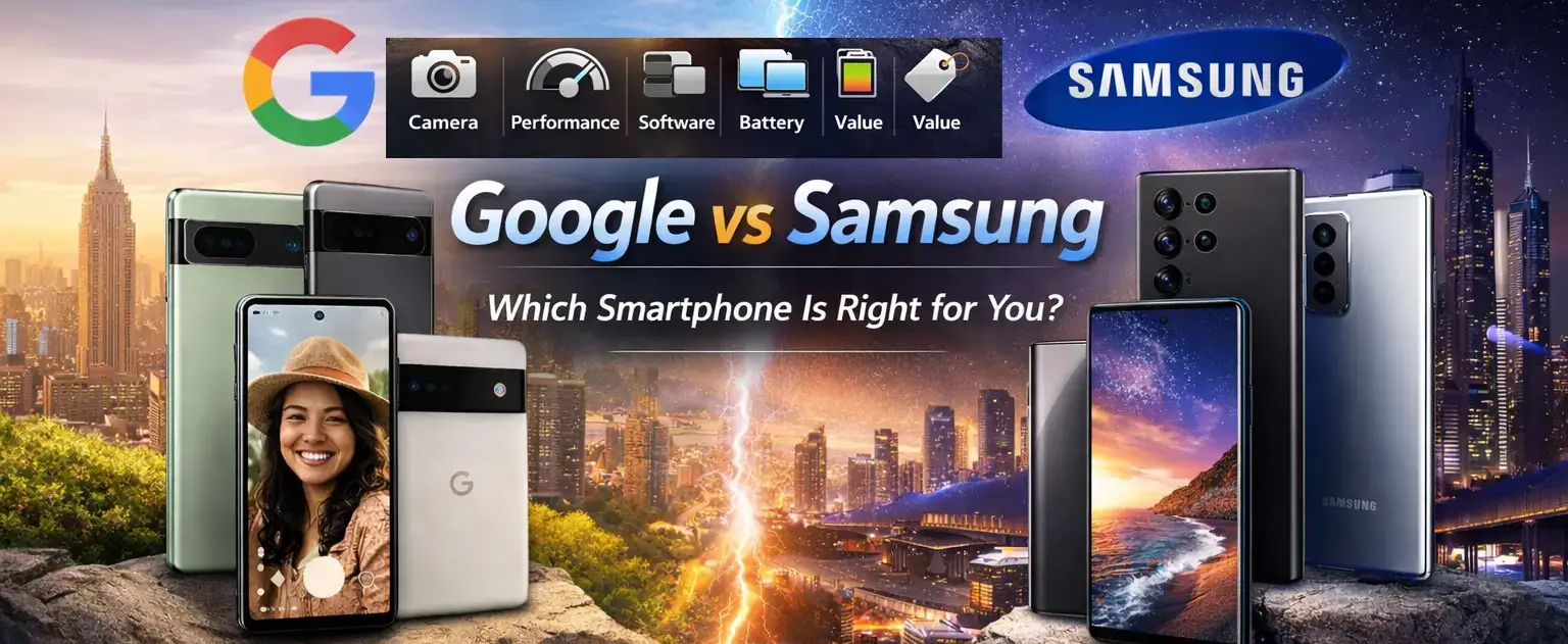 Ultra-wide banner comparing Google Pixel and Samsung Galaxy smartphones, showing both brands side by side with the text ‘Google vs Samsung – Which Smartphone Is Right for You?’ highlighting camera, performance, software, battery, and value.”