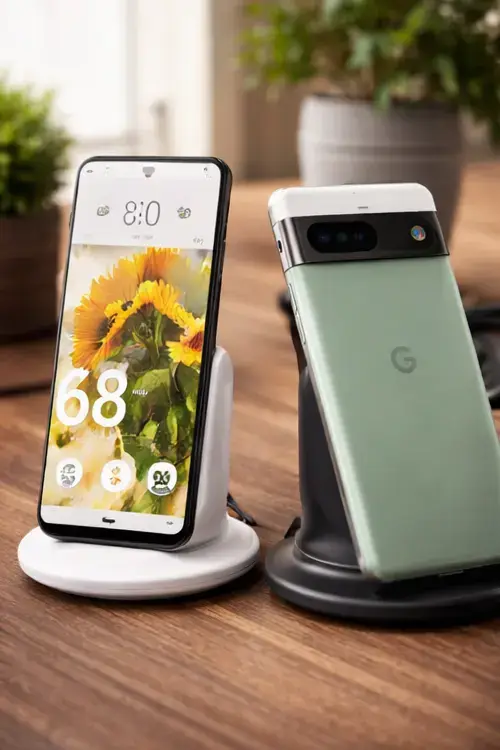 Vertical product image of multiple Google Pixel smartphones standing upright, displaying premium matte finish and camera strip
