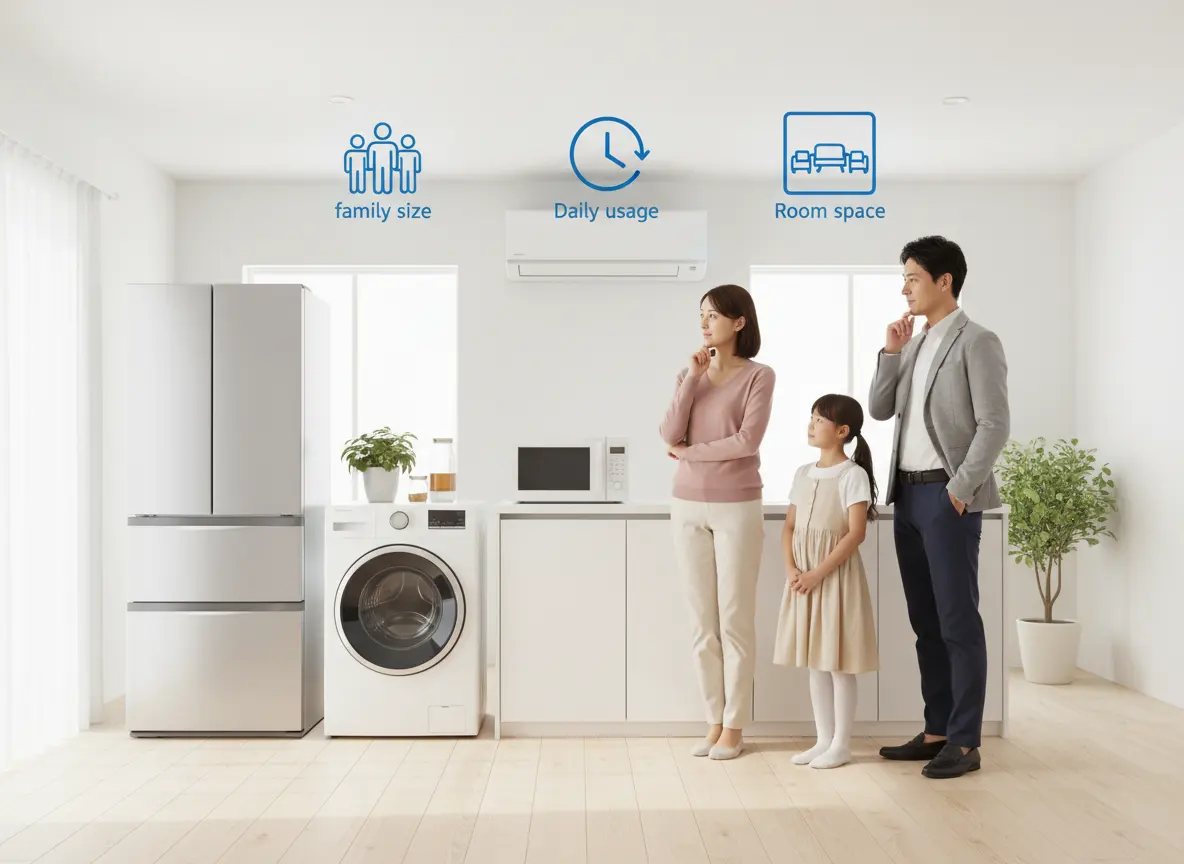 Indian family comparing home appliances based on family size, usage, and home space