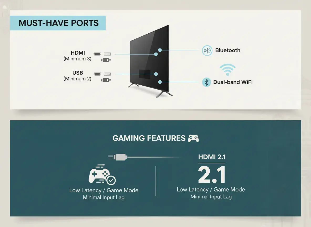 Smart TV connectivity ports infographic showing HDMI ports, USB ports, Bluetooth, dual-band Wi-Fi, HDMI 2.1 and gaming features