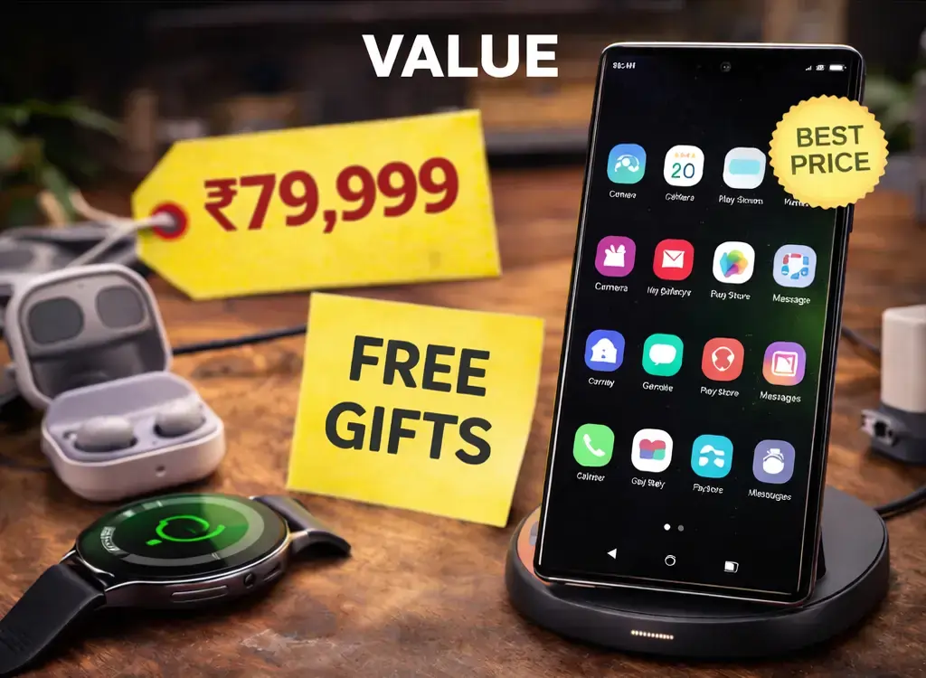 Vertical image of Samsung Galaxy smartphone on wireless charger showing ₹79,999 price tag with free gifts, emphasizing value for money in India.
