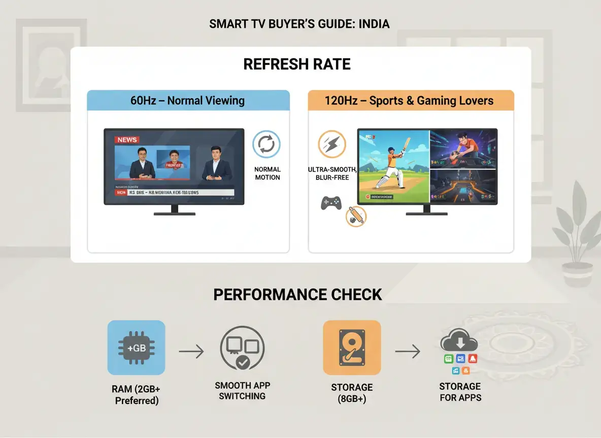 Smart TV refresh rate comparison showing 60Hz for normal viewing, 120Hz for sports and gaming, with RAM and storage performance tips