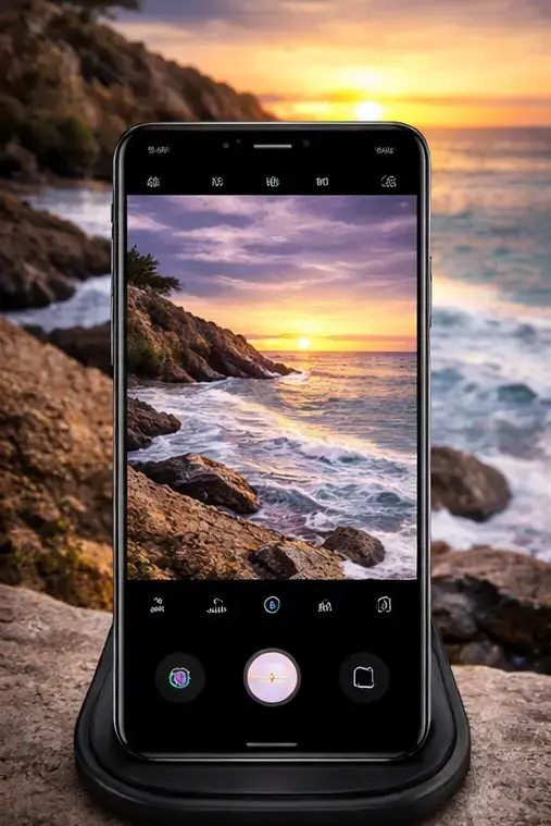Vertical image of Samsung Galaxy smartphone displaying camera app interface while capturing a sunset landscape scene