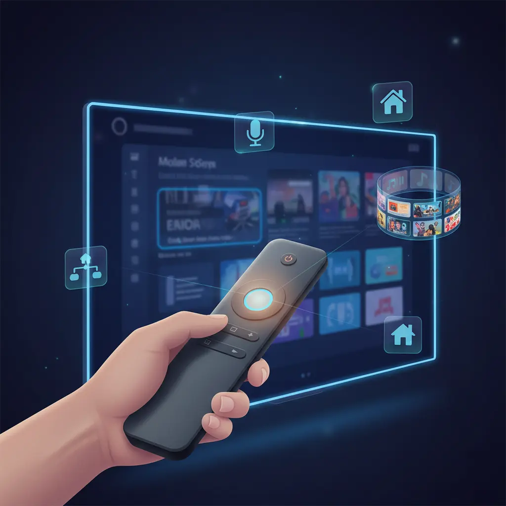 Smart TV voice control and AI features with remote and smart home icons