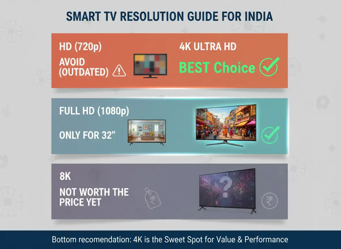 Smart TV resolution comparison infographic showing HD, Full HD, 4K Ultra HD as best choice, and 8K not worth the price yet