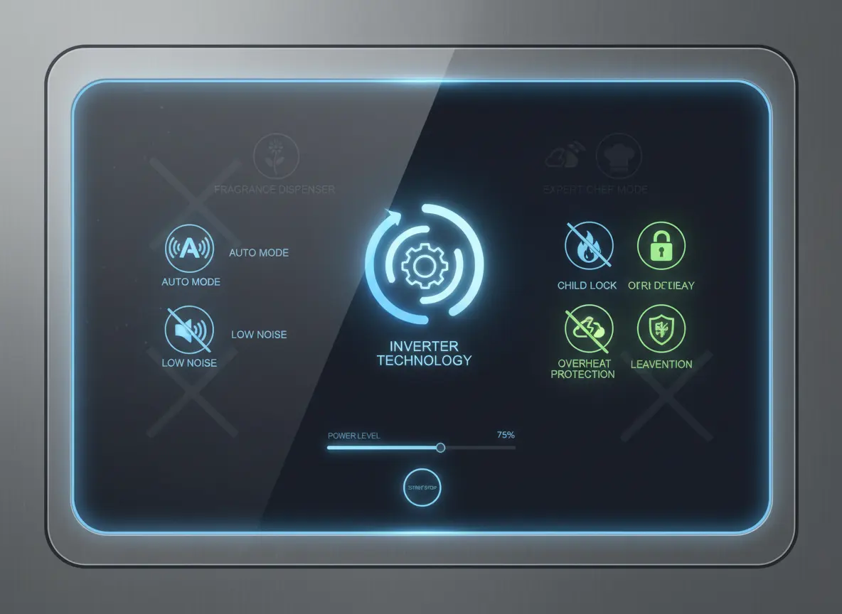Home appliance interface highlighting useful features like inverter technology and low noise operation